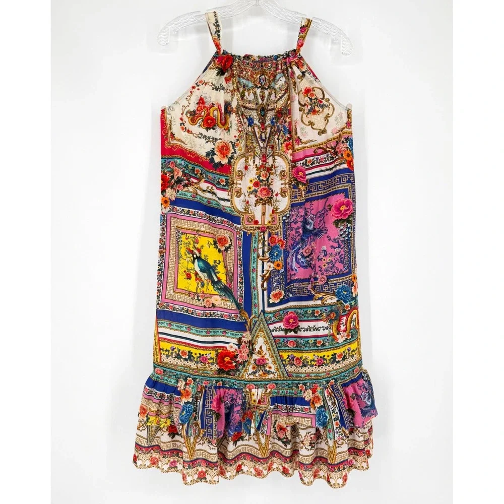 Milla by Camilla Trapeze Maxi Dress Multicolor Silk Cotton Embellished Ruffle 12